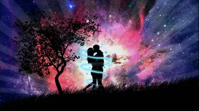 Two figures kiss inside a ring of blue light while a pink and violet nebula bursts behind them, grass silhouetted along the bottom edge.
