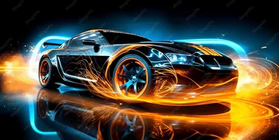 Digital art of a black coupe wrapped in orange sparks and cyan light bars, everything mirrored in the glossy floor beneath the wheels.