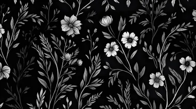 Painted stems and five-petal blooms repeat in white and grey across solid black, the drawing loose enough to read as fabric print.