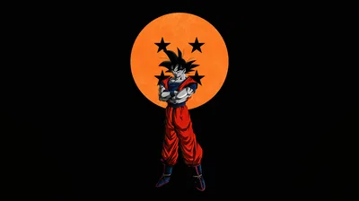 Base-form Goku stands arms crossed before a giant four-star Dragon Ball, everything beyond the orange sphere held at flat black for AMOLED battery savings.