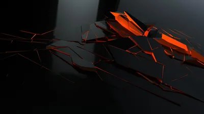 A dark glossy plane splits into jagged shards with molten orange showing through the fissures, brightest across the upper right.