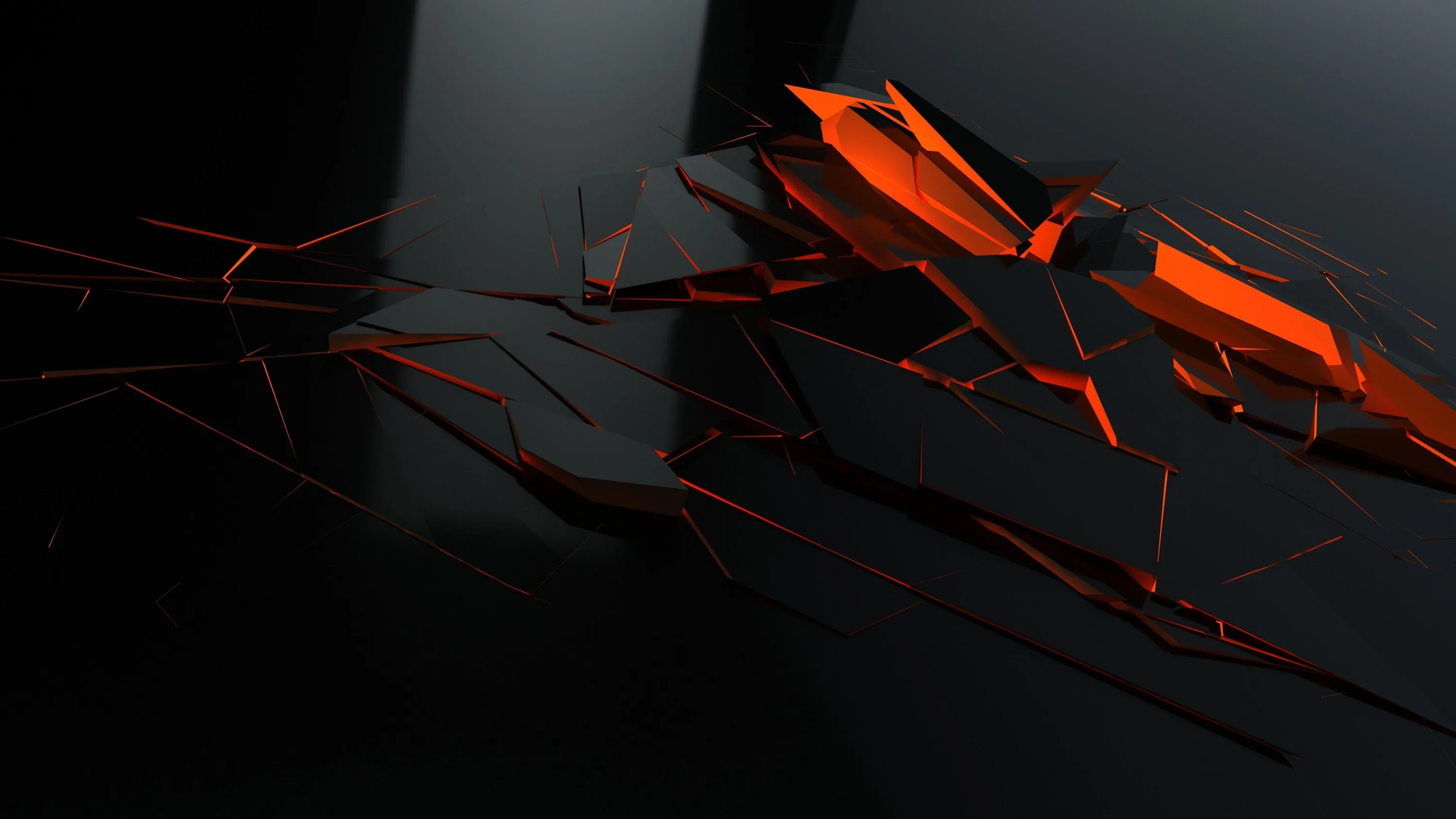 A dark glossy plane splits into jagged shards with molten orange showing through the fissures, brightest across the upper right.