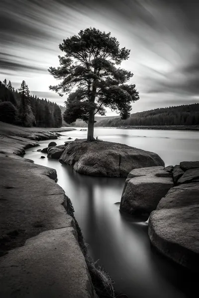 A single pine grows from a boulder island, long exposure smoothing both the water around it and the cloud streaking overhead.