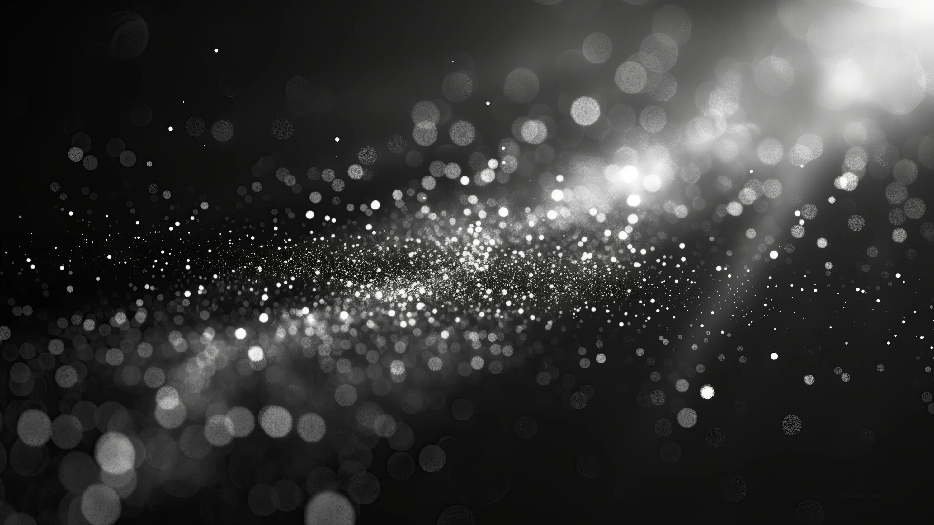 A diagonal drift of out-of-focus white specks crosses the frame, the bokeh loosest in the lower left and tightest near the centre.