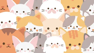 Dozens of flat cartoon cats in cream, grey and orange pack the frame cheek to cheek, one wide-eyed tan face staring from dead centre.