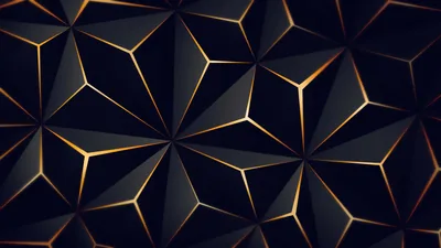 Triangular facets fold into star shapes across the surface, warm gold light running along every seam between them.