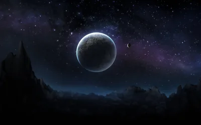A pale planet rises behind a treeline with a faint moon beside it, mist settling across the ridges below.
