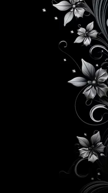 Grey lilies and curling vines climb the right edge of a tall frame, tiny beads dotted between them, the left side left in solid black for icons.