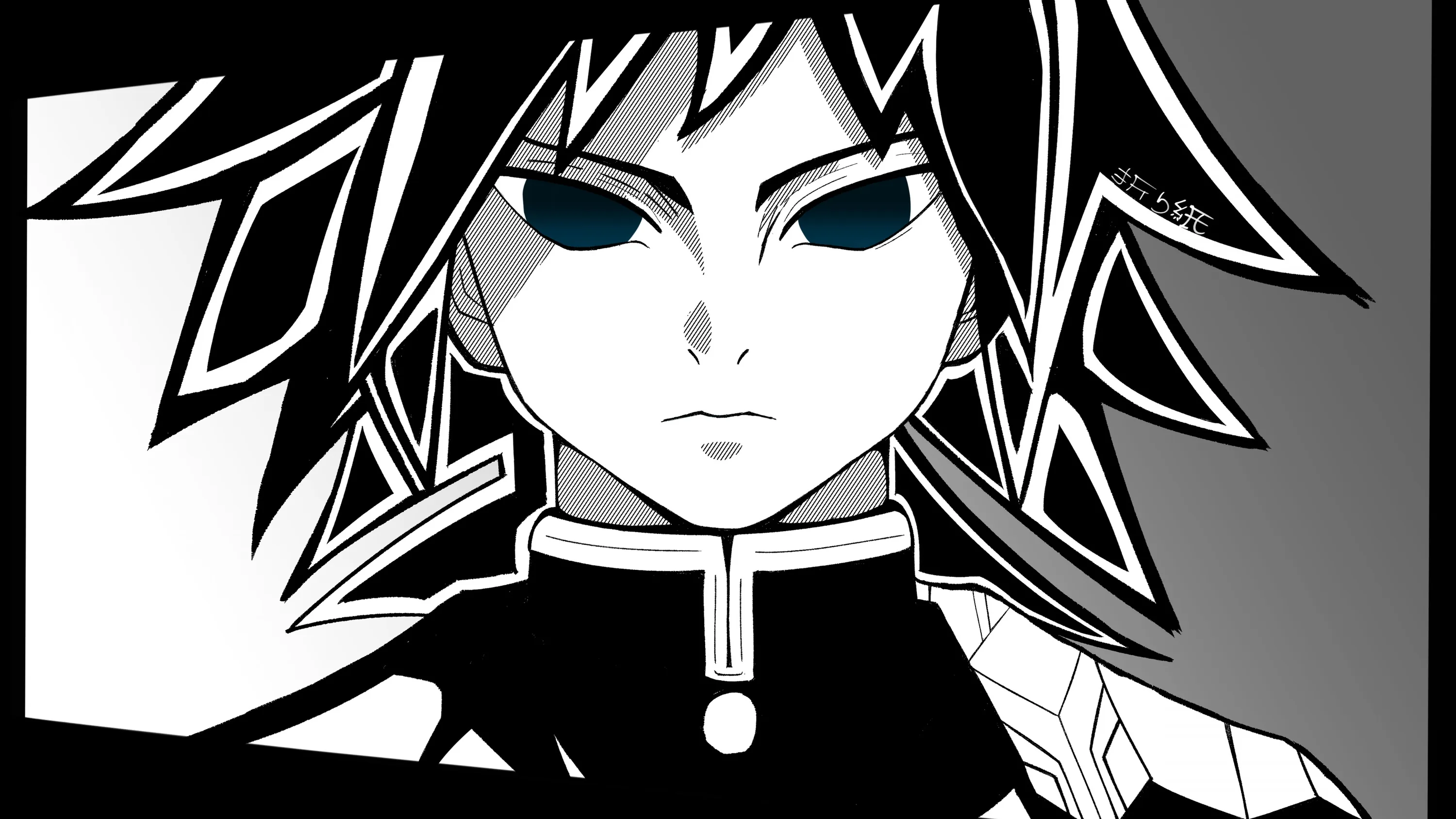 Heavy black and white manga inking on a young swordsman in a high-collared uniform, pale blue eyes the single break in the monochrome.