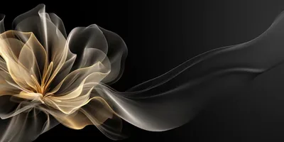 A sheer bloom of gold and grey petals opens left of centre, its smoke-like trail drifting right and leaving the far right in plain black.