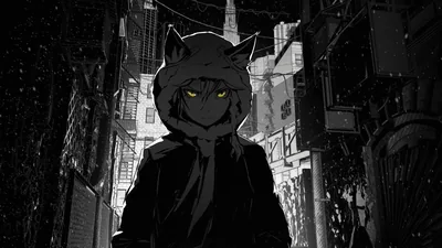 Monochrome city buildings close in around a hooded character whose green eyes are the only colour left in the rain-streaked street.