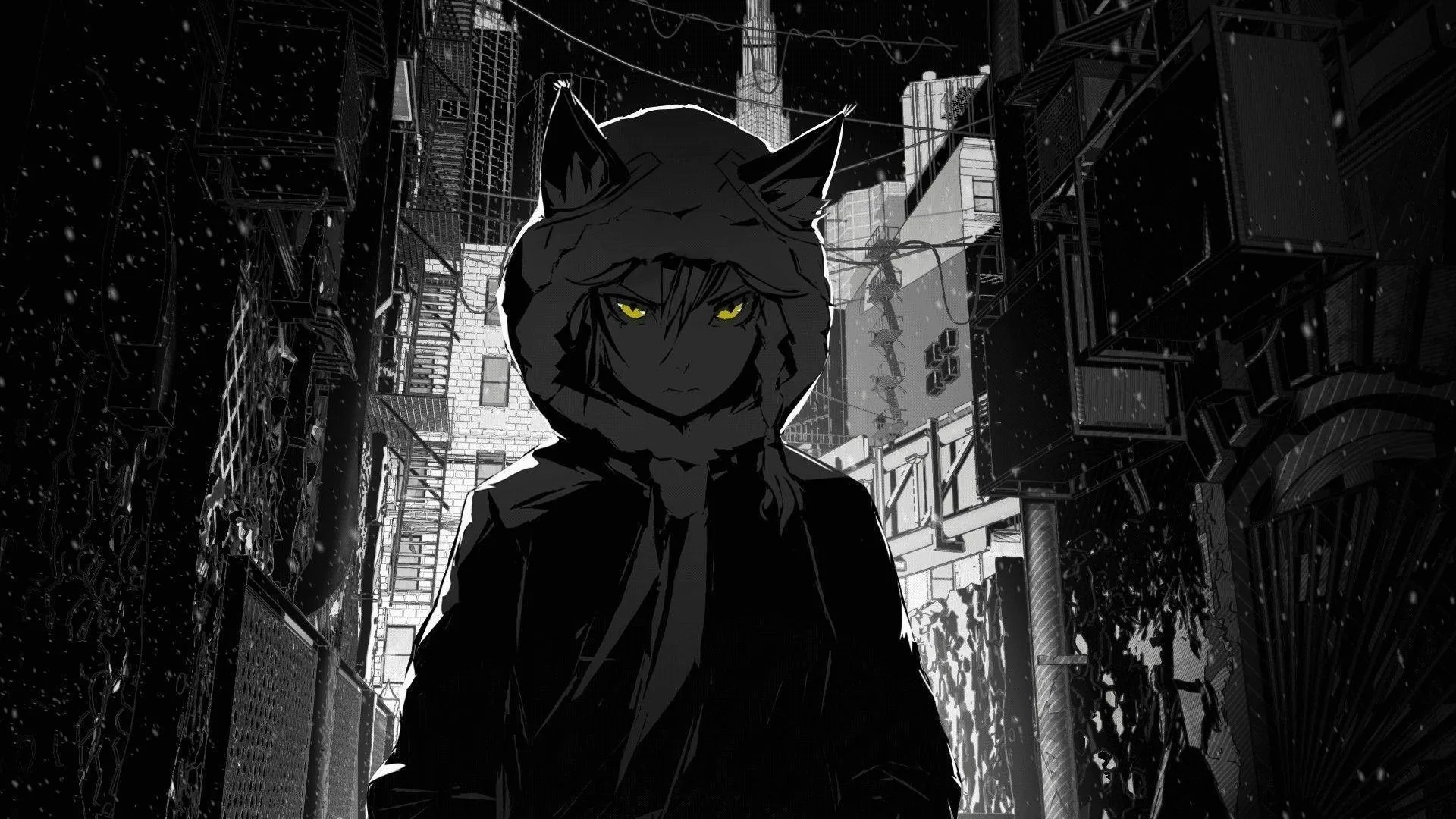 Monochrome city buildings close in around a hooded character whose green eyes are the only colour left in the rain-streaked street.