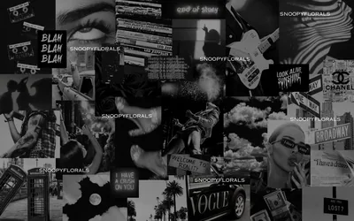 Torn magazine clippings, film stills and text scraps overlap in grey and black across the whole frame with no gaps left.