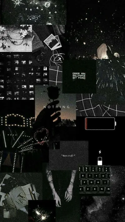 Night photos, string lights, a phone keyboard and a low battery icon packed together, deep green the only colour against the black.