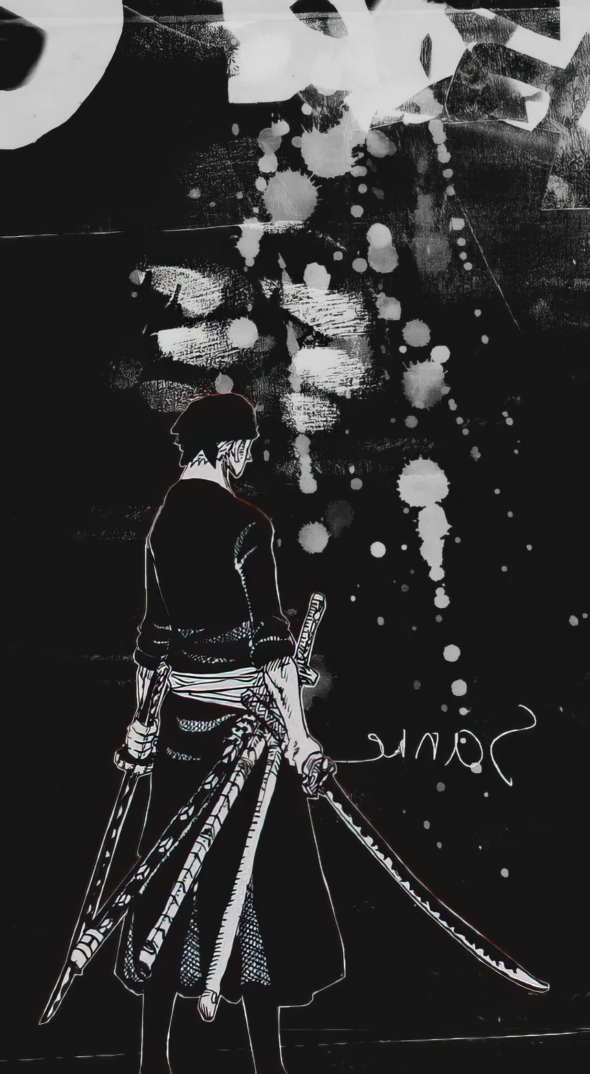 Zoro stands back-turned with all three swords, painted in rough ink splatter monochrome that stays legible even under a full grid of app icons.