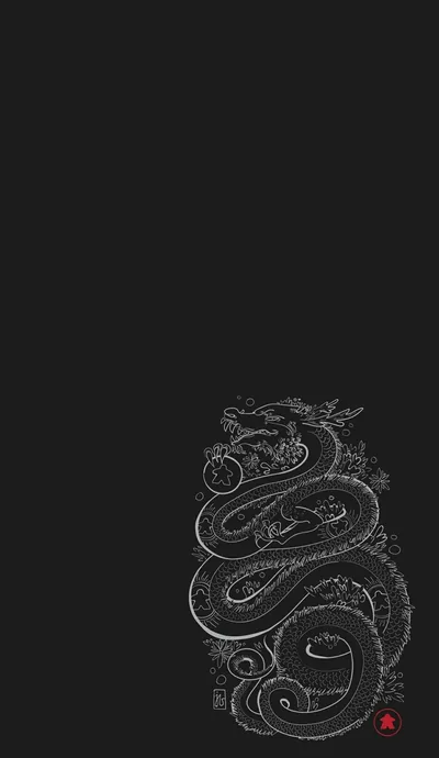 A coiled dragon drawn in fine white linework sits low and right on a matte black field, a small red seal stamped in the bottom corner.