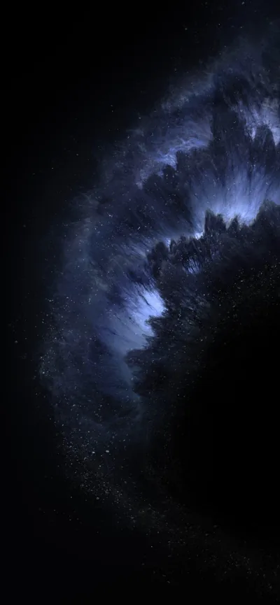 A cold blue dust cloud curves through one side of a star-flecked sky, the rest of the frame dropping into empty space.