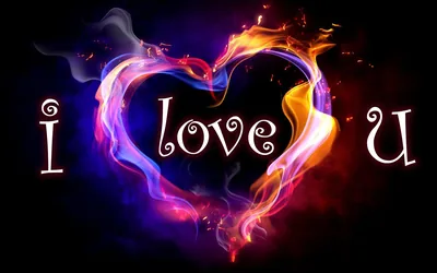 Streams of pink, blue and orange smoke curl into a heart between the letters i and u, the rest of the frame left in unlit black.