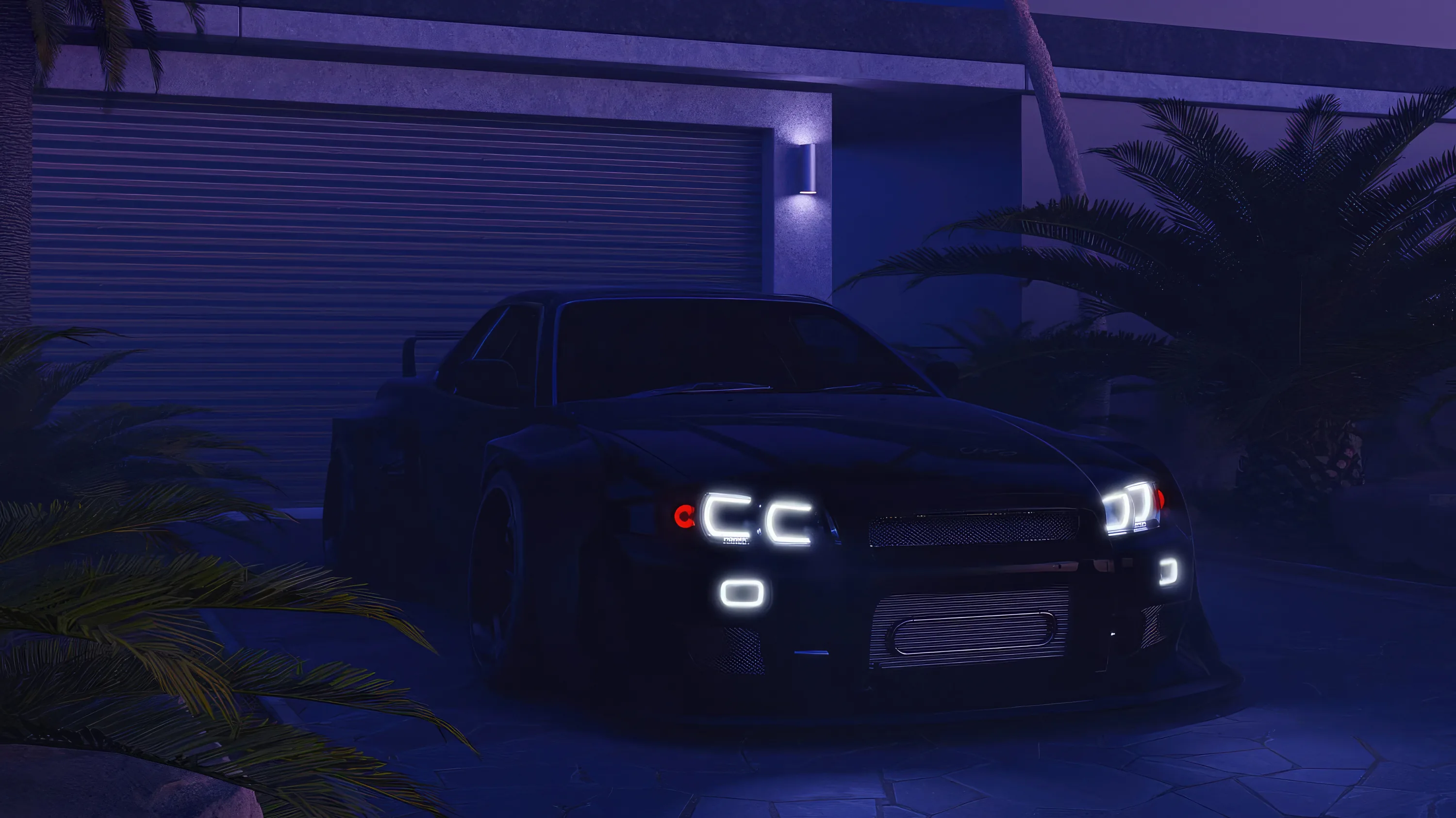 A dark JDM coupe waits outside a shuttered garage with palm fronds around it, quad headlights and a single wall lamp cutting the blue night.