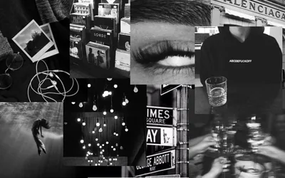 Polaroids, street signs and close-up shots tile the frame in black and white with no gaps between them.