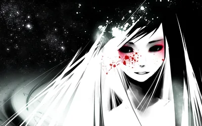 Long white hair falls across a pale smiling face marked with red spatter, a scatter of stars glowing in the black upper left.