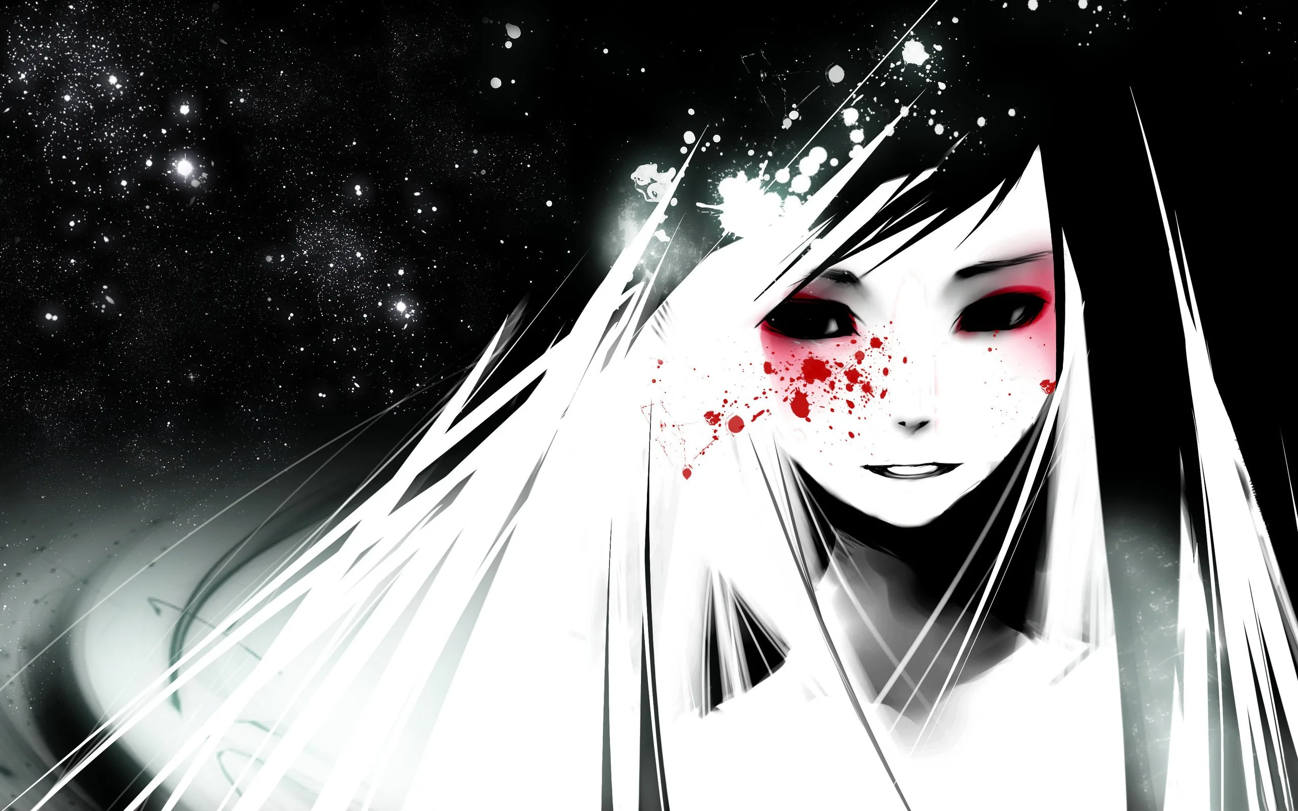 Long white hair falls across a pale smiling face marked with red spatter, a scatter of stars glowing in the black upper left.