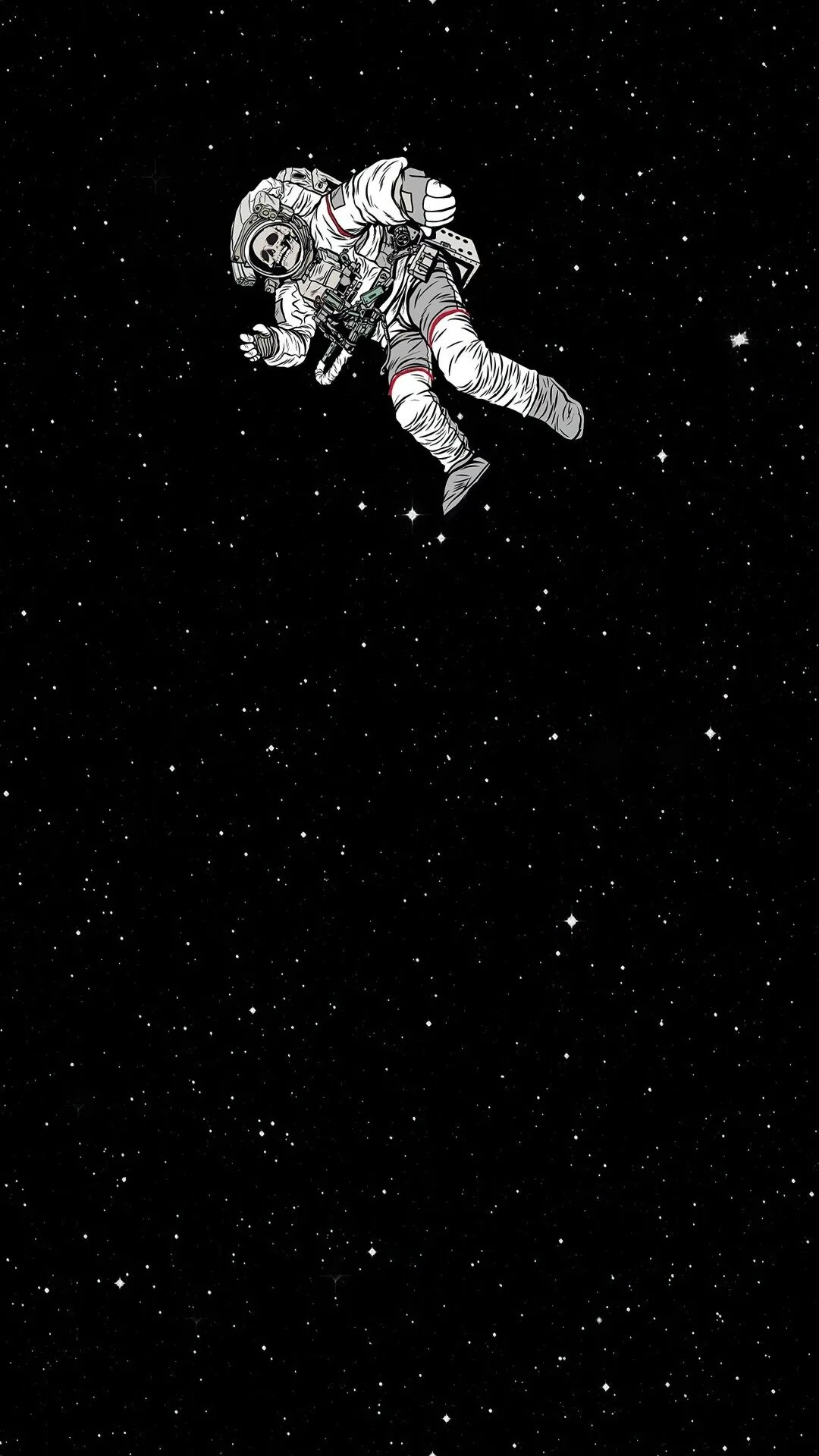 A lone astronaut drifts across a field of white stars in an otherwise empty black sky.