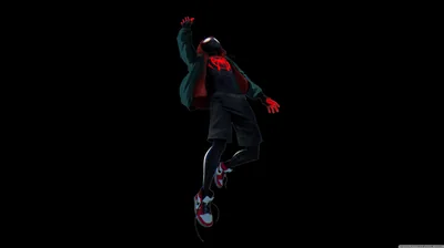 Spider-Man drops through empty black on a skateboard, the green jacket and red gloves the only colour in the frame.