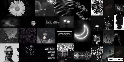 Two rows of grayscale cut-outs run edge to edge, a neon crescent and a daisy breaking up panels of block capitals.