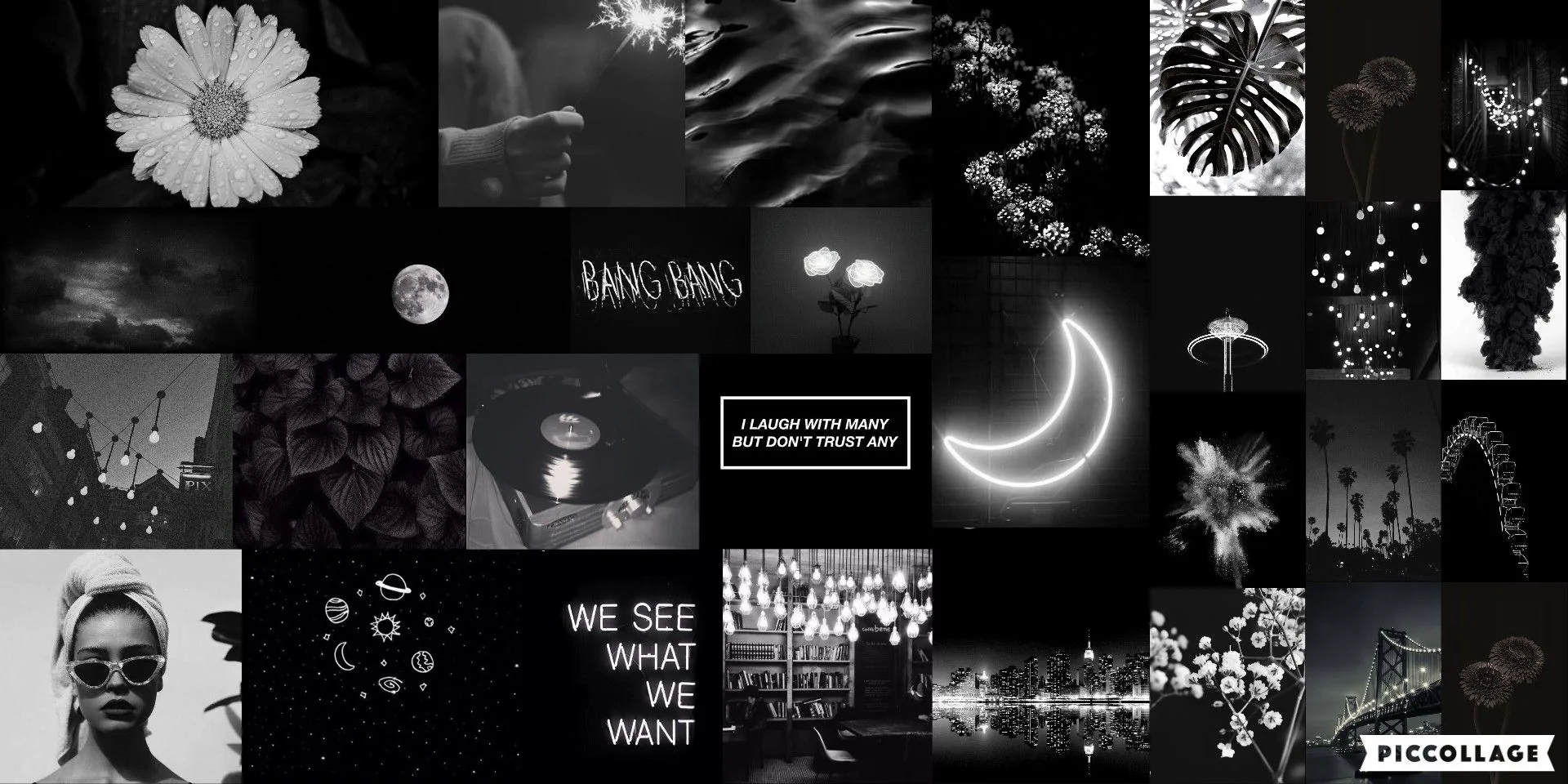 Two rows of grayscale cut-outs run edge to edge, a neon crescent and a daisy breaking up panels of block capitals.