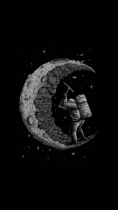 An engraved-style astronaut digs into the tip of a crescent moon with a shovel, white linework floating on a pure black field.