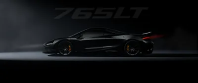 The car sits side-on in near darkness with only its roofline and orange calipers catching light, the model name faintly lettered above.