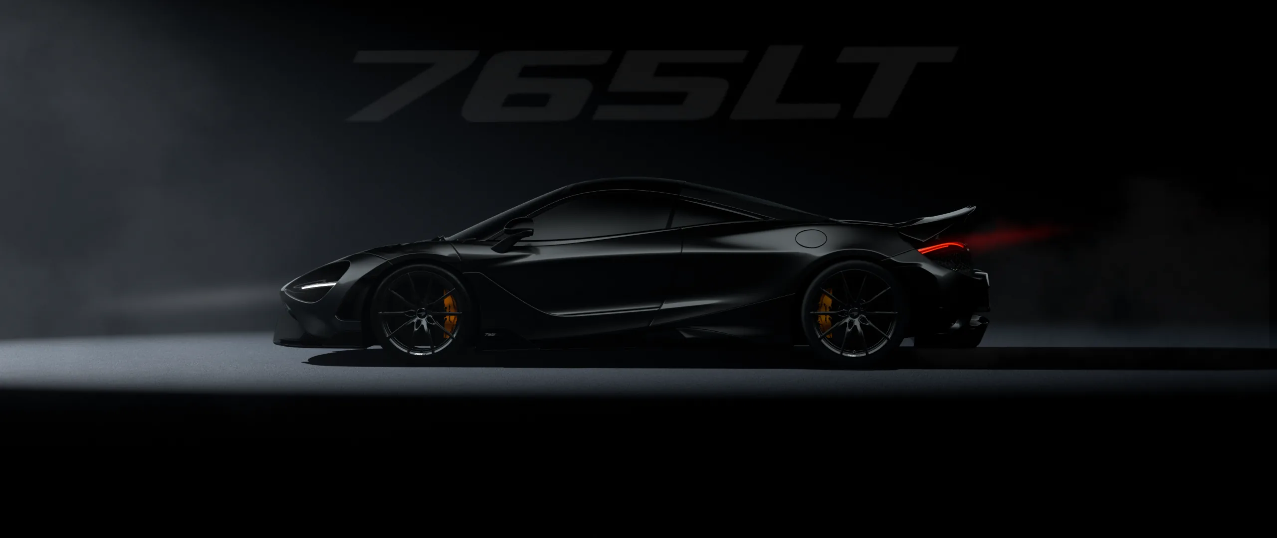 The car sits side-on in near darkness with only its roofline and orange calipers catching light, the model name faintly lettered above.
