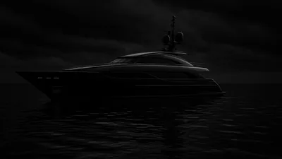A long yacht sits alone on flat black water under a heavy sky, its white hull the only bright shape and its reflection stretching toward the viewer.