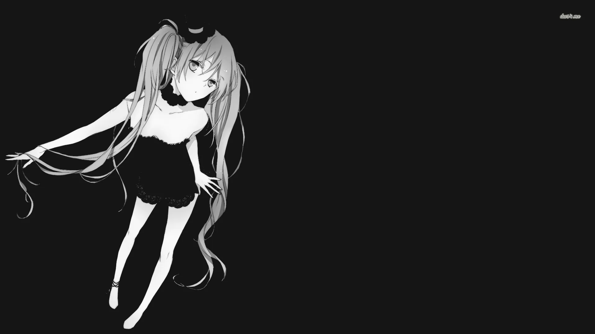 She stands small and centred in a short black dress, her twin tails trailing far past her knees, the rest of the frame left empty.