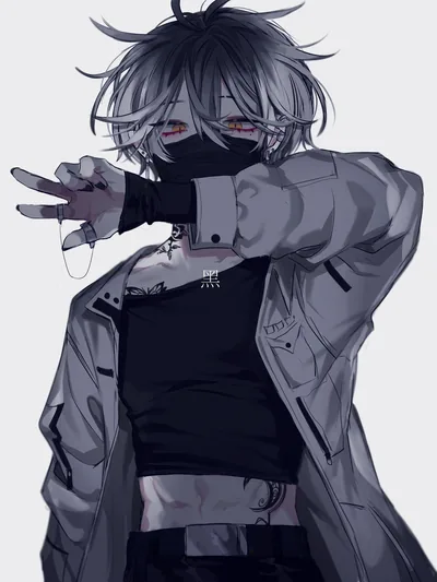 A grey-haired anime boy in a masked collar and oversized coat throws a peace sign toward the camera, drawn almost entirely in greyscale.