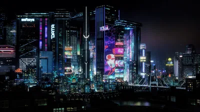 The full downtown panorama glitters in cyan and magenta under a black sky, the unlit foreground strip staying dark enough for a dock.