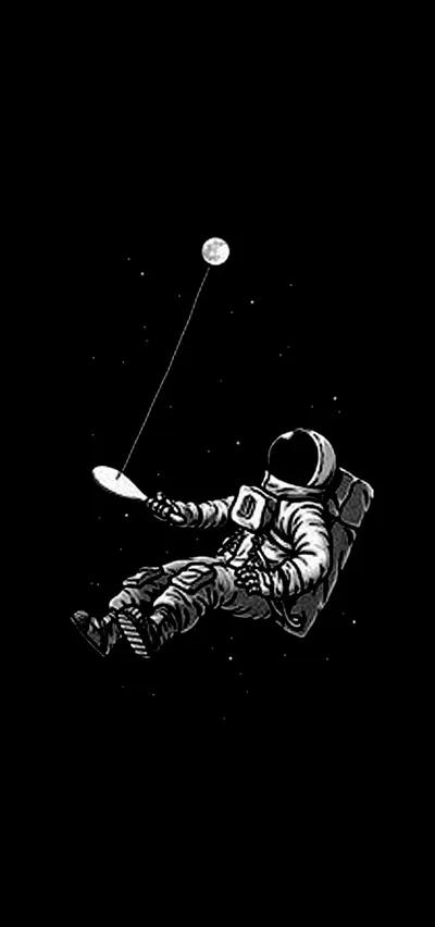 A spacesuited figure swings at a small white sphere against solid black, the whole scene drawn in flat black and white line art.
