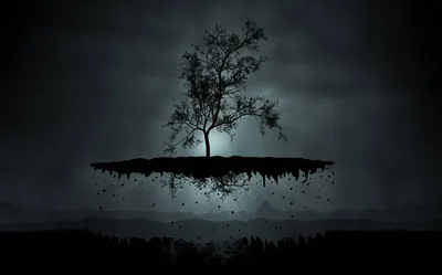 A bare tree stands on a torn slab of earth hanging in mist, debris falling away from its underside.