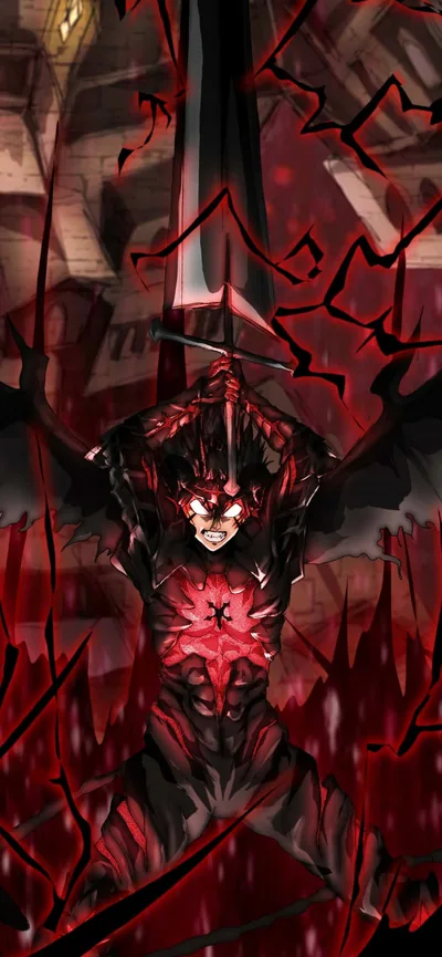 A tall crimson frame with the devil form clinging at centre, black sword pointed down its middle, dark red spikes leaving the deepest black near the top.
