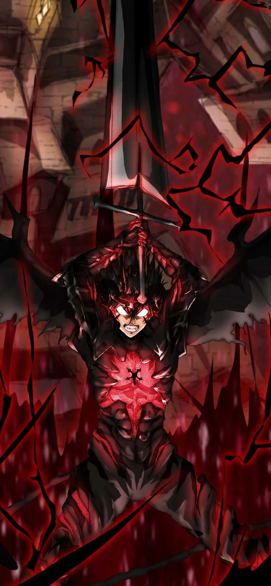 A tall crimson frame with the devil form clinging at centre, black sword pointed down its middle, dark red spikes leaving the deepest black near the top.