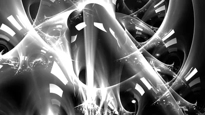 Chrome tubes and arches twist around a white starburst, the monochrome render blowing out to pure highlight at the centre.