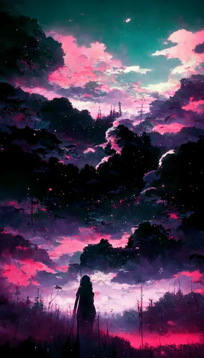 A lone silhouette stands in a dark field beneath banks of pink and magenta clouds stacked up a teal night sky dotted with stars.