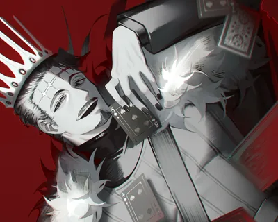 The crowned villain Dante lolls in near monochrome, black nails against white fur, playing cards scattered over a deep red backdrop that stays flat in the corners.