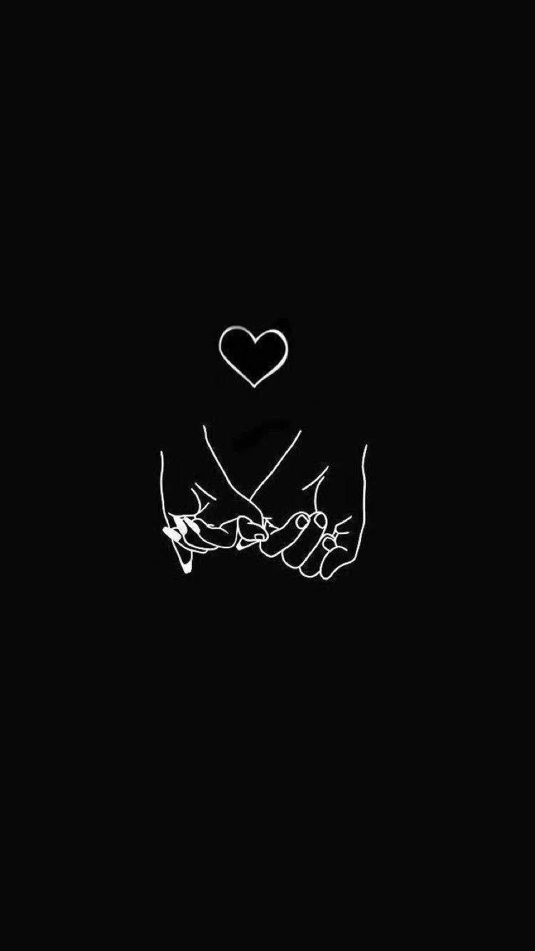 Two hands hook little fingers in thin white line art, a small heart outline floating above them on pure black.