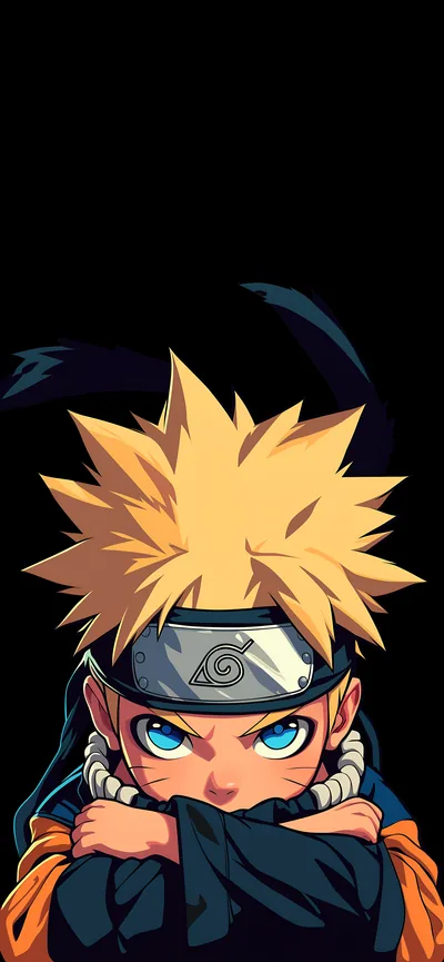 A small cartoon version of Naruto in a dark jacket rests folded arms at the bottom of a tall crop, blue eyes and blond spikes against near-black.