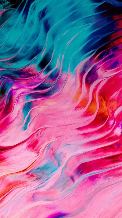 Pink, teal and orange paint waves ripple across the frame like marbled liquid, the pattern busy enough that widgets read best over the pink middle.