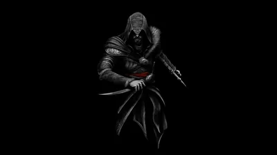 A hooded assassin crouches with a hidden blade drawn, most of the figure swallowed by black with only cloth folds visible.