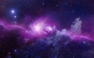 A magenta-and-violet nebula ridge crosses the frame diagonally, one blue giant flaring at the top left with smaller stars scattered below.