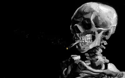 A painted skeleton seen from the side holds a lit cigarette in its teeth, the glowing tip the only warm point in the black and white scene.